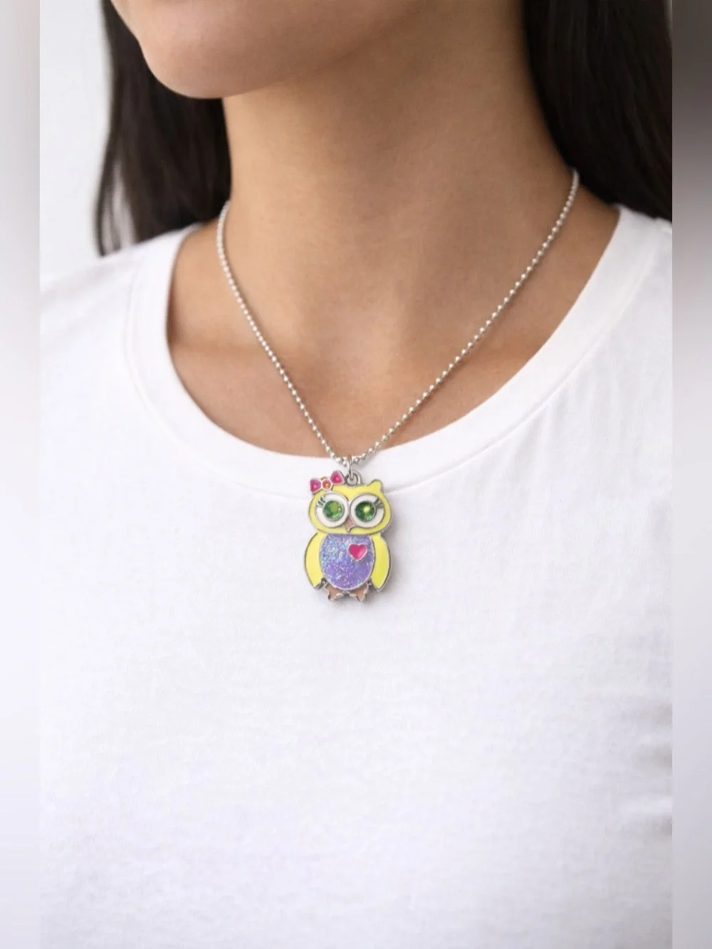 Cute Owl Enamel Pendant Necklace Silver Chain